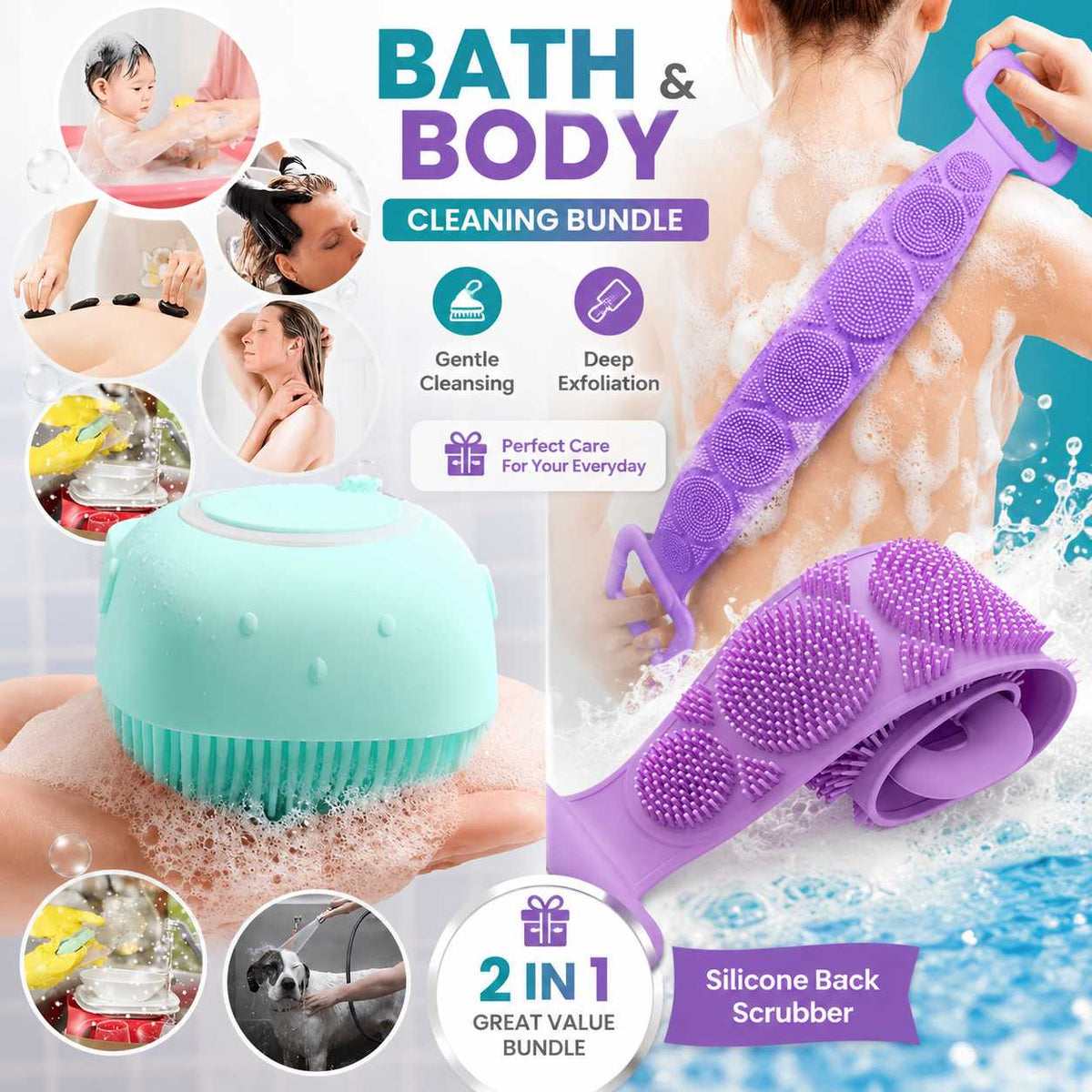 Silicone Bath Brush & Back Scrubber Bundle – Gentle Care